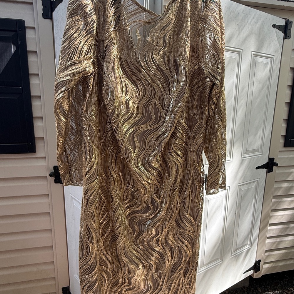 Elegant Gold Patterned Dress by Tadashi Shoji 24w